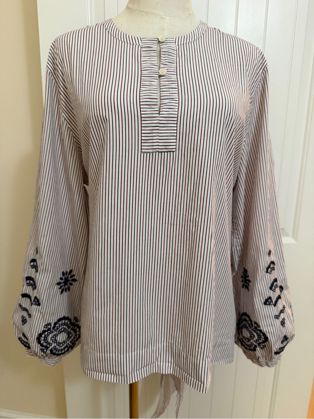 J. Crew Pink & Navy & Red Striped Top Tie Back Embroidered Sleeve XL